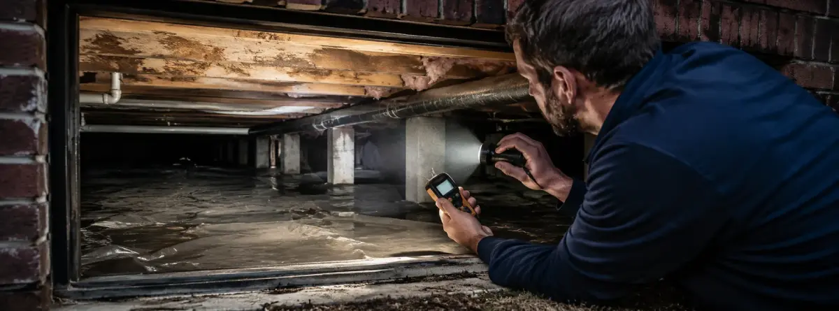 Moisture and mold inspection in a crawlspace before buying a home