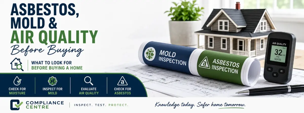 Indoor air quality and asbestos inspection tools on a table during a home evaluation