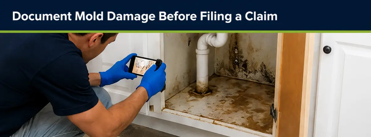 Professional documenting moisture damage from a leaking pipe for a possible homeowners insurance claim