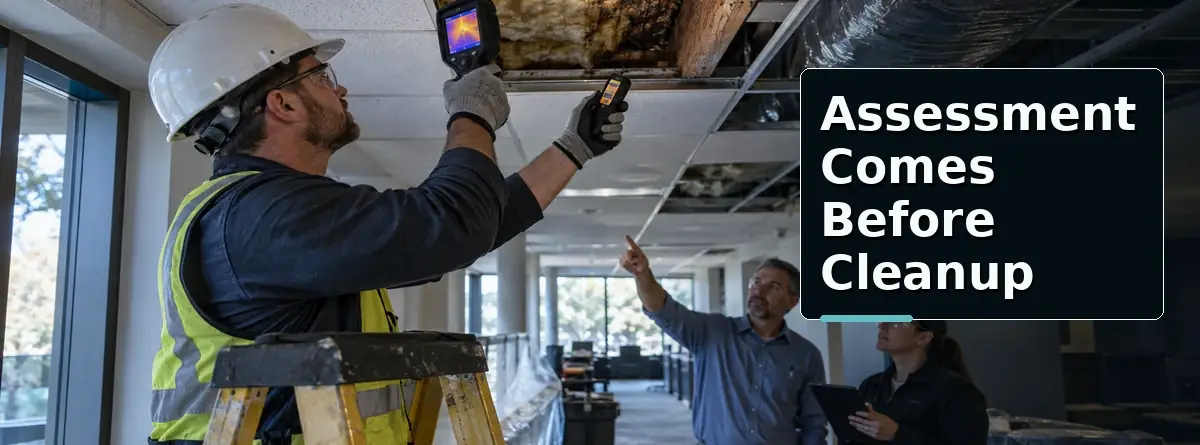 Environmental inspector using thermal imaging and moisture meters to assess a damaged commercial ceiling