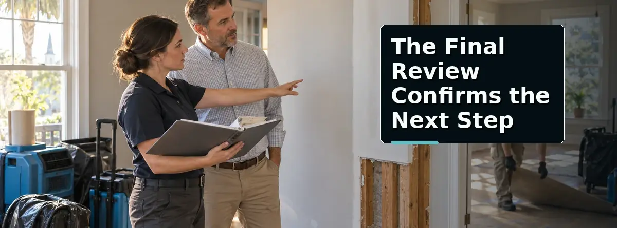 Environmental consultant and property manager reviewing completed mold remediation work inside a South Carolina property
