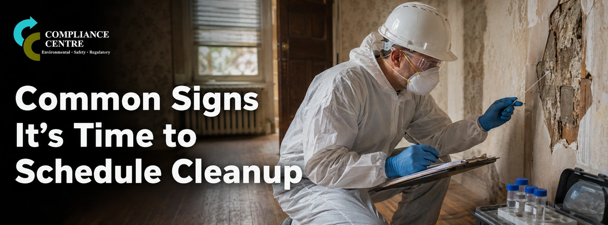Environmental professional documenting suspect asbestos-containing material during a property inspection