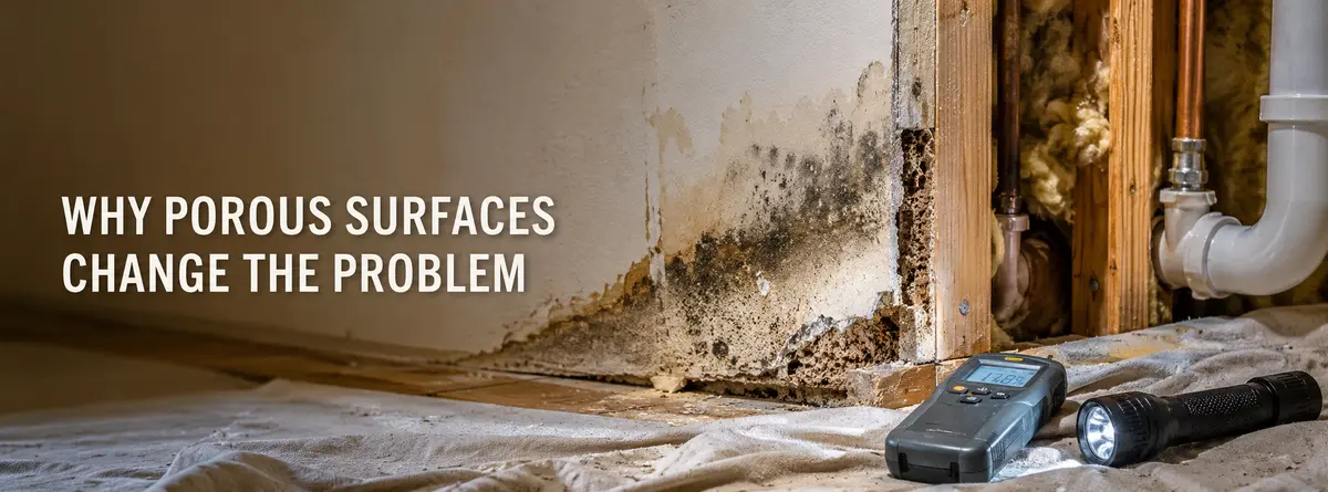 Mold and moisture extending under the surface of porous drywall near plumbing