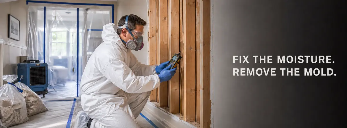Mold remediation professional verifying drywall framing inside a contained work area